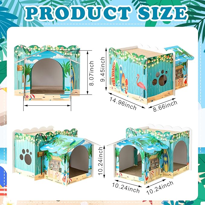 2 Story Cardboard Cat House with Scratcher Pad for Small Kitten,17x12x10 Multi Level Durable Cat Condo & Villa for Bunny Rabbit Small Animals Christmas Birthday Gift(17x12x10,Hawaii)