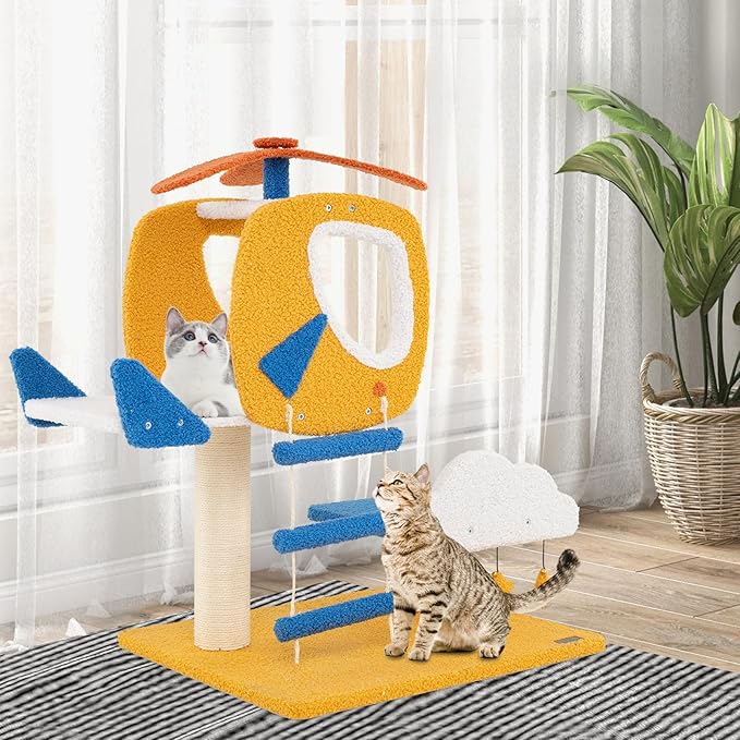 PETSITE 30-inch Aviation-Themed Cat Tree for Indoor Cats, Small Cute Cat Tree with Sisal Scratching Posts, Helicopter Top Perch, Climbing Ladder, and 3 Star-Shaped Hanging Toys