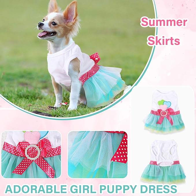 2 Pack Dog Dresses for Small Dogs Girls Cute Princess Puppy Dresses with Rhinestones Tutu Pet Dress Outfit Female Dog Clothes Chihuahua Yorkie (Pink Bow, Small)