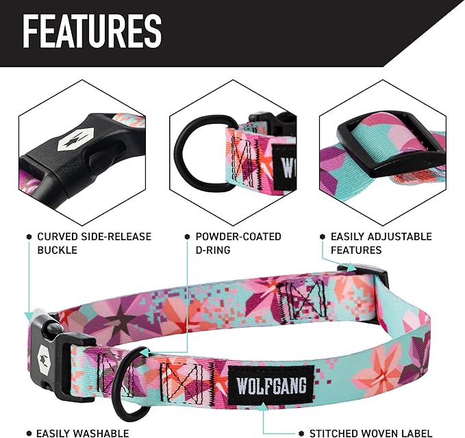Wolfgang Heavy Duty Martingale Dog Collar with Quick Release Nylon Buckle for Walking & Training, DigiFloral Print, Medium