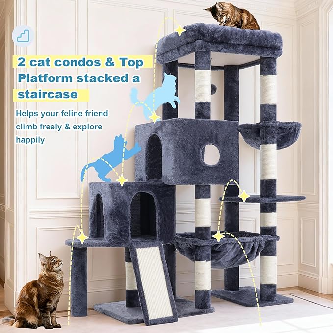 Hey-brother Cat Tree Tower, Scratching Posts with Big Platform, 2 Condos, Spacious Hammock, Cozy Basket, Sisal Board for Indoor Large Adults, 50 Inches Progressive Climbing House, Smoky Gray MPJ071G