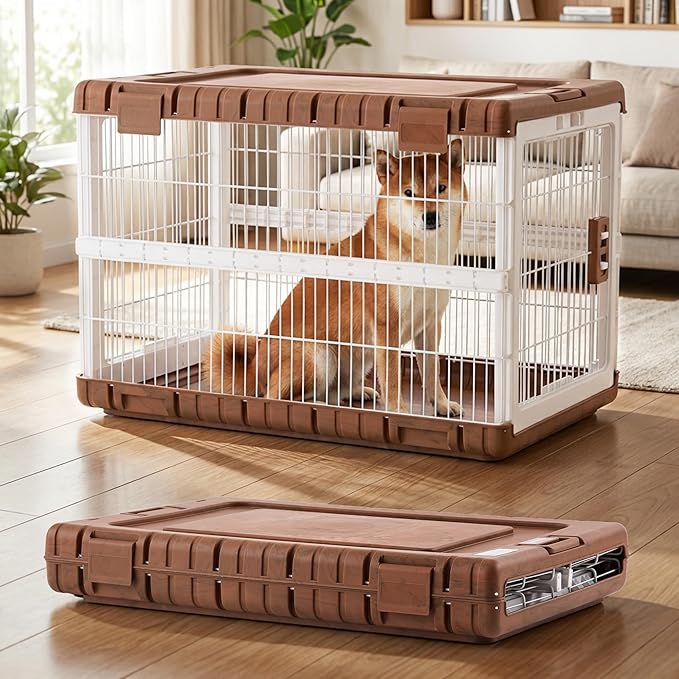 Collapsible Dog Crate for Large Dogs - 36" L Heavy Duty Dog Kennel No Tools Required with 4 Sides Steel Foldable Cage for Dogs Indoor, Portable Carrier with 2 Smooth Wheels, Woodgrain