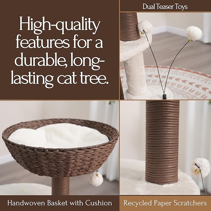 PetPals 5-Level 35" Cat Tree Tower with Paper Handwoven Basket Bed,Multi-Level Climbing Activity Tower with Replaceable Paper Rope Scratching Posts (Cream and Brown)