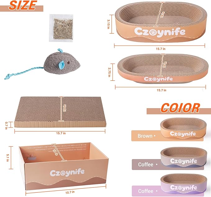 3PCS Cat Scratcher Bed, Oval Cat Scratcher Pad Bowl Nest for Indoor Cats, Round Cat Scratching Cardboard, Furniture Protector for Couch, for Kittens (Brown, 15.7 * 10 in)