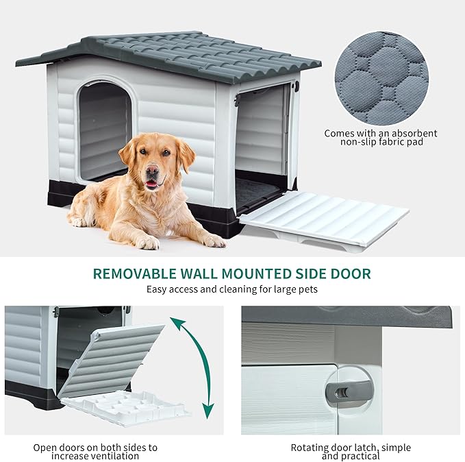 YITAHOME 2-Door Large Dog House with Elevated Base & Cushion, Plastic Pet House for Small and Medium Dogs, Easy Assembly, Waterproof for Indoor/Outdoor Use (36''L x 27.1''W x 26''H)