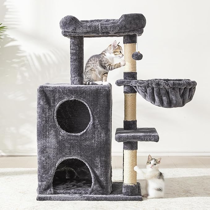 Multi-Level Cat Tree Tower for Large Cats with Scratching Posts, Condos, Perch, Hammocks & Toys, Cat Jungle Gym for Indoor Cats, Ideal for Multi-Cat Households, Dark Grey