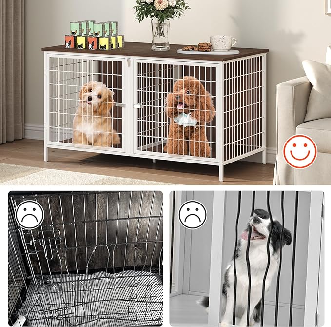 Dog Crate Furniture for 2 Dogs, 43.3" Dog Kennel with Removable Divider, Heavy Sturdy Dog Furniture Style Double Cage for Small Medium Dogs, Indoor Pet House End Table, White and Walnut