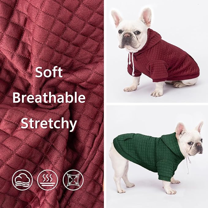 2 Pack Dog Hoodie Sweaters for Small Medium Dogs Warm Dog Clothes for Large Dogs Soft Waffle-Like Laminated Sweatshirt Bulldog (Dark Green+Wine Red, S (Back: 11.5",Chest: 15.5", Neck: 10"))