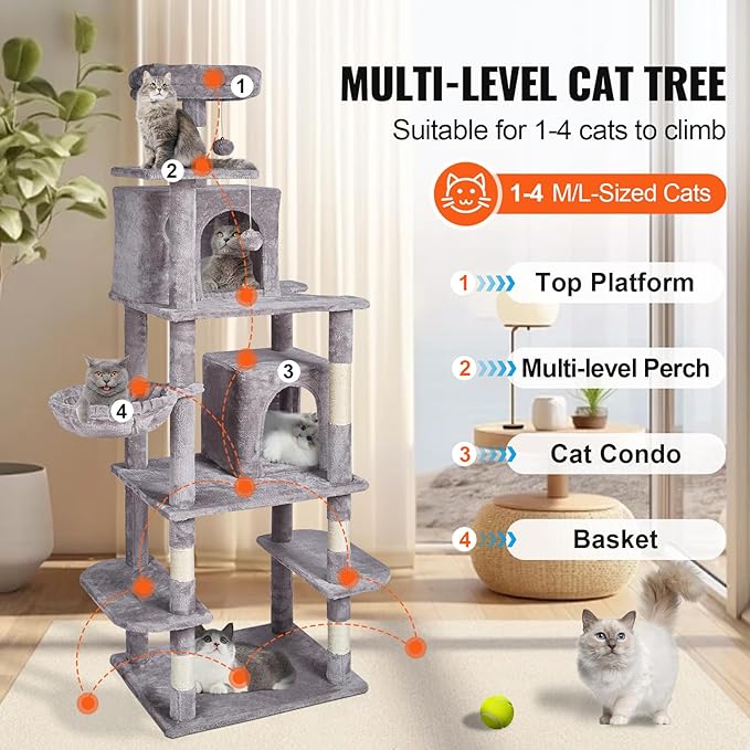 Happybuy Cat Tree for Indoor Cats, 68.5" Cat Tower with 2 Cat Condos, Sisal Scratching Post, Hammock, Top Perch, Jumping Platforms, Large Cat Furniture Activity Center with Hang Ball, Light Grey