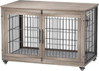 Dog Crate Furniture with Cushion Set of 2, Wooden Dog Kennel Indoor with Double Doors, Dog Cage with Wheels, Dog House Side End Table for Large Dogs up to 85 lb, 44" L, Grey