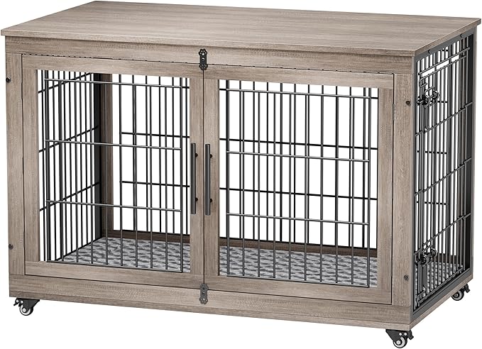 Dog Crate Furniture with Cushion Set of 2, Wooden Dog Kennel Indoor with Double Doors, Dog Cage with Wheels, Dog House Side End Table for Large Dogs up to 85 lb, 44" L, Grey