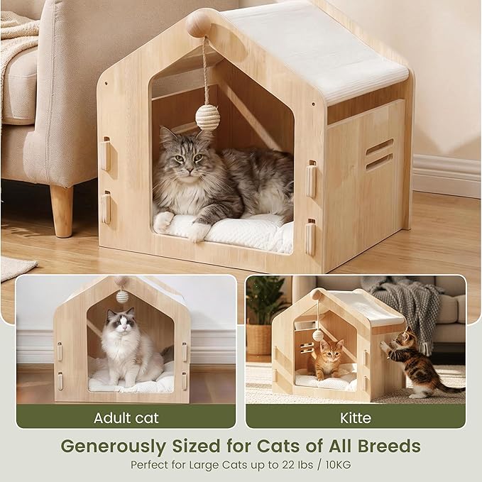 Spacious cat House，Enclosed cat Bed with a Padded Cotton pad and cat Ball，Easy to Assemble and Clean
