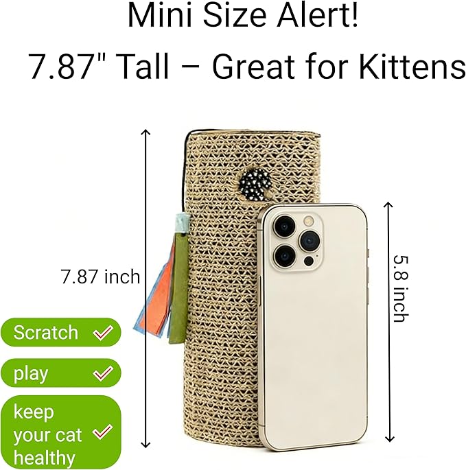 Mini Cat Scratcher & Toy - 7.87" Compact Scratching Post with Rolling Ball, Perfect for Kittens & Small Cats