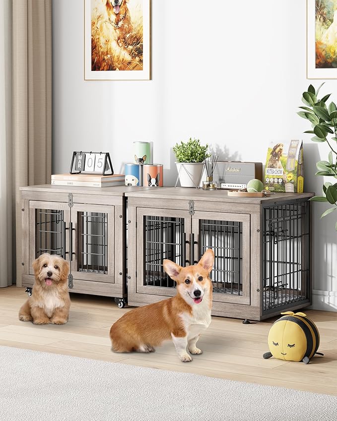 Dog Crate Furniture with Cushion Set of 2, Wooden Dog Kennel Indoor with Double Doors, Dog Cage with Wheels, Dog House Side End Table for Small Dogs up to 30 lb, 27.2" L, Grey