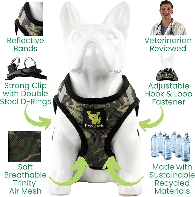 EcoBark Camo Dog Harness - Luxury Step in Mesh Dog Harnesses - Soft & Secure Wrap Around Body Halter