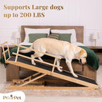 Dog Ramp for Bed with Safety Rails for High Beds up to 37" – Extra Wide 19.5" Adjustable Dog Bed Ramp for Large Dogs up to 200 lbs – Solid Birchwood, Non-Slip Rubber Surface, Foldable Design – Natural