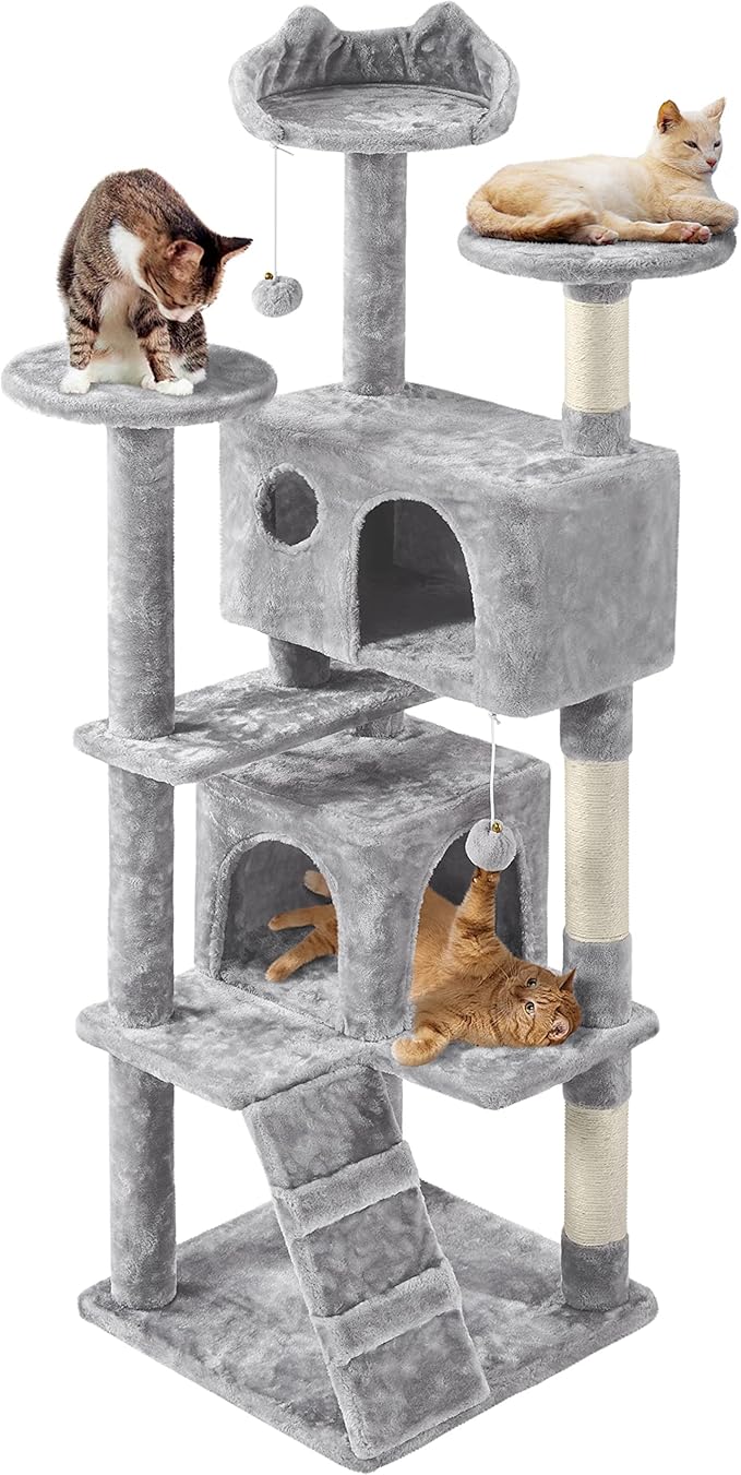 Topeakmart 61in Cat Tree for Indoor Cats, Cat Tower with Scratching Posts Spacious Perch & Platform for Kittens, Light Gray