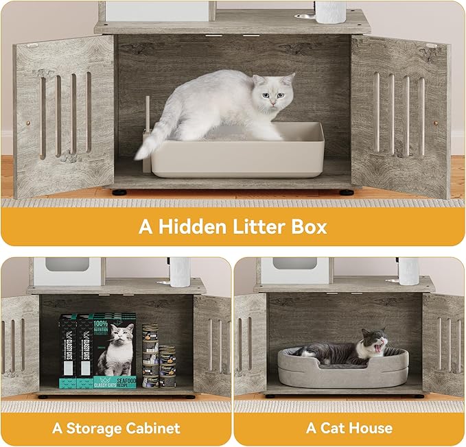YITAHOME Cat Tree with Litter Box Enclosure, 2-in-1 Cat Furniture, Modern Cat Condo, Indoor Cat Tower with Wood House, Perch, Food Station, Hammocks, Scratch Post, Hair Brush, 59 Inch, Gray