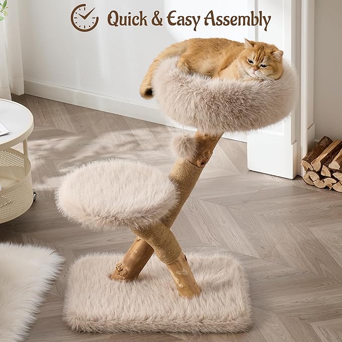 33" Modern Cat Tree for Indoor Cats, Aesthetic Natural Wood Cat Tower with Branch-Style Scratching Posts, Luxury Plush Faux Fur Cat Bed with Natural Loft, Perch & Hanging Ball, Almond Khaki