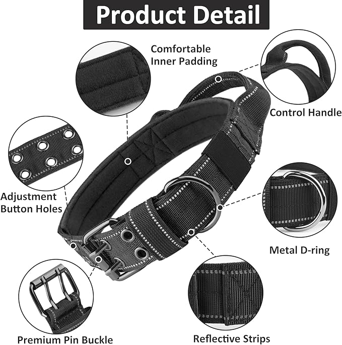 Tactical Dog Collar with Control Handle, Military Adjustable Pet Collar Reflective Heavy Metal Buckle Dog Collar, Soft Nylon Training Collar for Medium Large Dogs (Black, Medium)