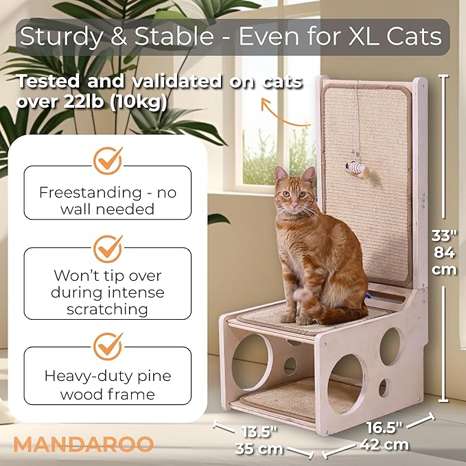 L Shaped Cat Scratching Post with Toy – Sisal Scratch Pad & Hideaway for Indoor Cats | 33'" Vertical & Horizontal No Mess Scratching Ramp for Large Cats – MANDAROO