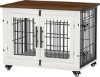 Dog Crate Furniture with Cushion, Wooden Dog Kennel Indoor with Double Doors, Dog Cage with Wheels, Dog House Side End Table for Small Medium Dogs up to 45 lb, 32.5" L, White