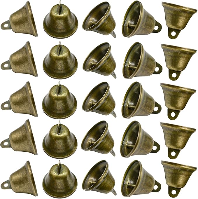 Maydahui 90 PCS Bronze Jingle Bells Brass Color Vintage Small Craft Bell (1.7 X 1.5 Inches) for Wedding Doors Dog Collar Christmas Hallowmas Decor