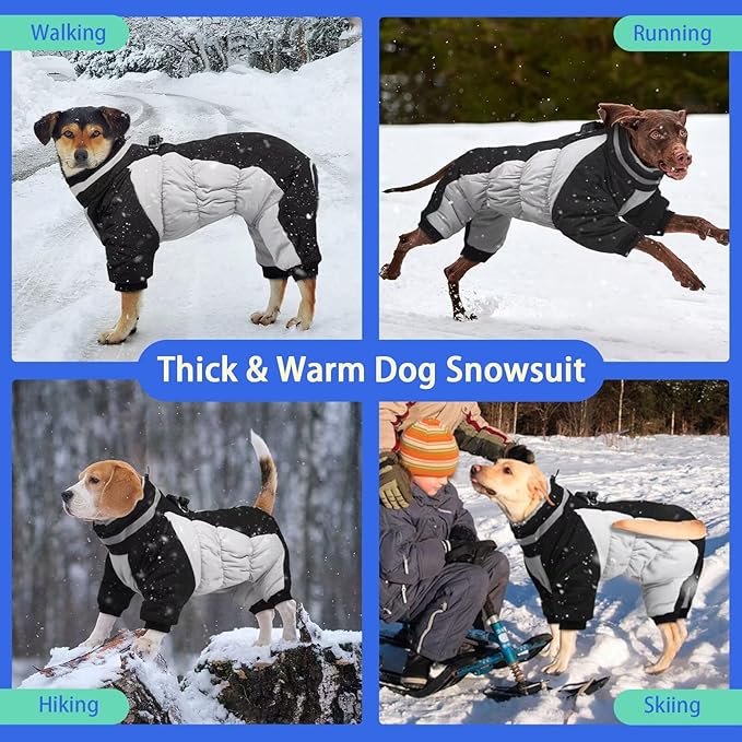MIGOHI Full Body Dog Coat - Warm Reflective Large Dog Winter Coat with Harness,Turtleneck Fleece Jacket for Dogs,Four-Leg Windproof Puffer Jackets Snowsuit with Zipper for Small Medium Large Dogs,XL