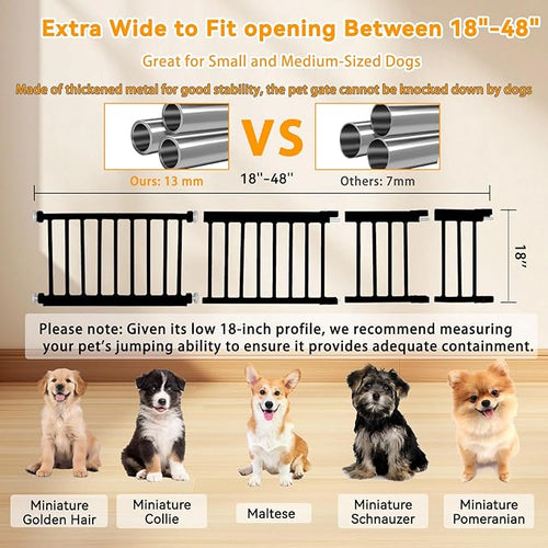 18" Height Short Dog Gate Adjustable18-48" Extra Wide Dog Gate with Small Cat Door,Pet Gate with 4 Extension Kits Pressure Mounted for Doorways & Stairs (Black, 18" Height)