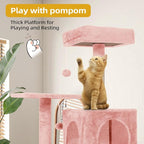 Cat Tree 54-Inch Cat Tower with Padded Plush Perch 2 Comfy Caves, Scratching Posts, Basket, 2 Pompoms, Multi-Level Plush Cat Condo for Indoor Cats Kittens, Pink