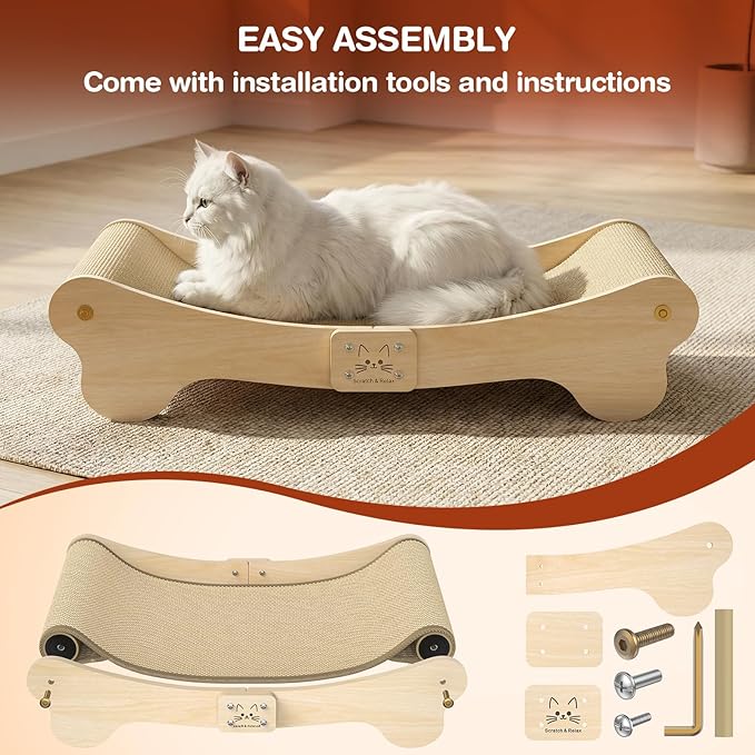 NOCOEX Sisal Cat Scratcher Bed: Cat Scratch Pad Hammock for Indoor Cats Lounger & Scratch & Sleep - Large Sturdy Natural Solid Wood Frame Cats Scratching Board Post for Modern Furniture Protector