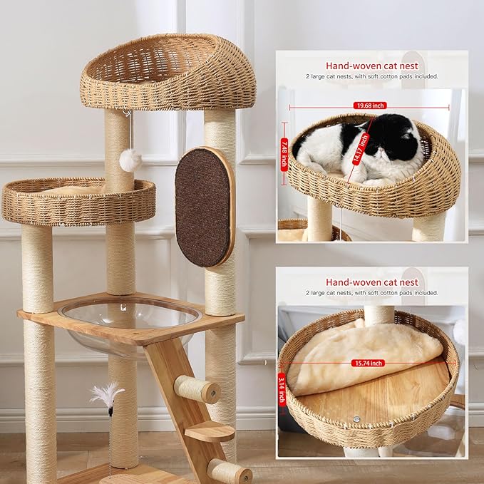Modern Cat Tree, Cat TreeTower with Space Capsule, Hand-Woven Basket Nest, Sisal Posts & Scratching Board, 50 Inch Heavy-Duty Multi-Level Indoor Wood Tower