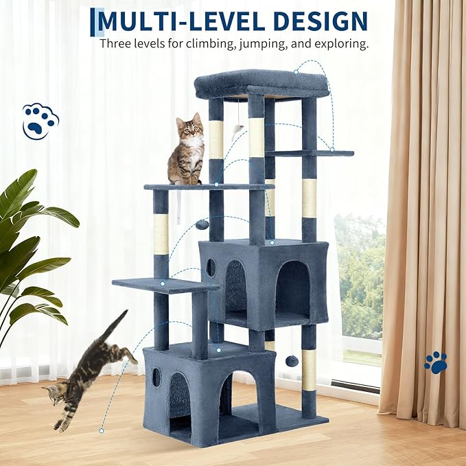 Light Blue 61" Heavy Duty Cat Tree for Large Indoor Cats & Maine Coon, Multi-Level Sturdy Cat Tower with Extra Large Perch, 2 Spacious Condos, Natural Sisal Scratching Posts & Interactive Toys