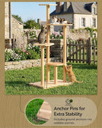 60" Tall Outdoor Cat Tree, Cat Tower Weatherproof for Patio, Garden, Balcony, Durable 4-Tier Natural Wood w/Scratching Posts for Multiple Cats,Outside&Indoor Adult Cats and Kittens Play, Climbing