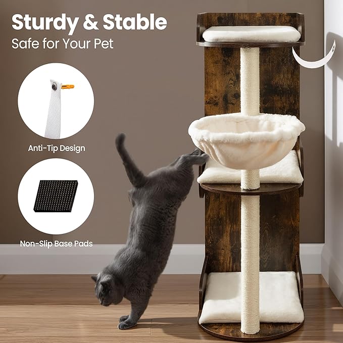 cfor Indoor Large Cats, Cat Scratching Posts with Big Perch Bed, Wooden Cat Condo with Hammock, Removable Pads, Kitty Furniture, Rustic Brown