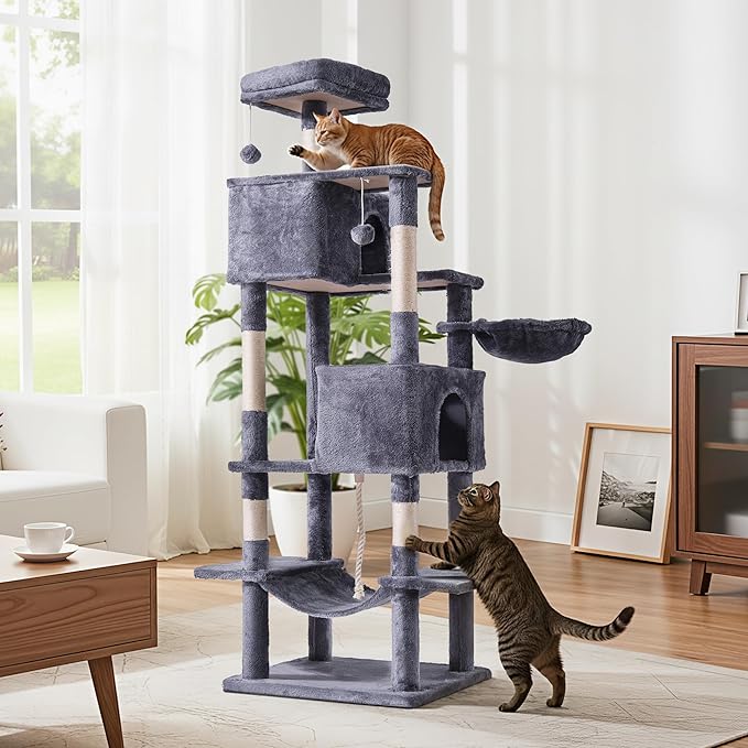 Simple Deluxe 66In Cat Tree for Indoor Cats, 6-Level Cat Tower with Sisal Scratching Posts, Enclosed Cat Condo & Hammock, Space-Saving Corner Design, Stable Wide Base for Multiple Kittens, Dark Gray
