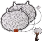 2 PC Cat Scratcher Mat - Natural Cotton Rope Oval Horizontal Scratch Pad (11''x13.7'') with Dangling Ball Toy, Cat Ear Design, Furniture Protector for Floor/Wall, Durable Handmade (White, 2 PC)