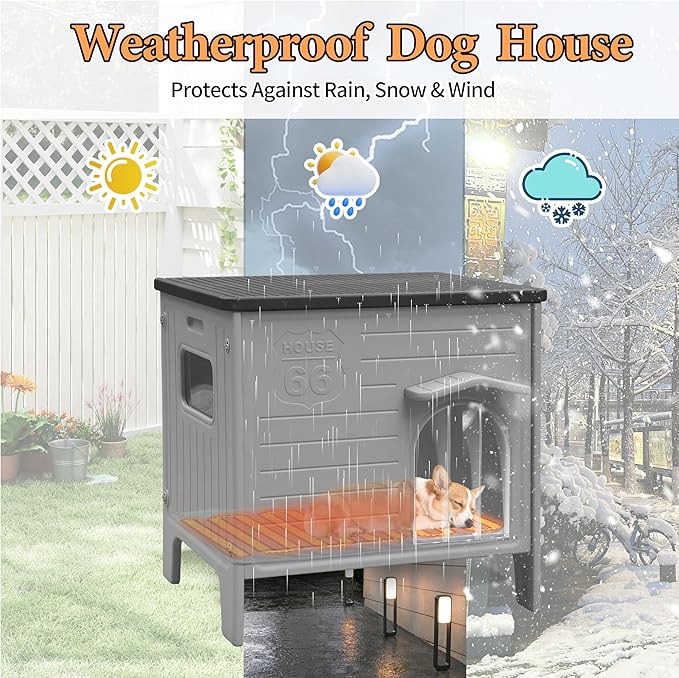 Heated Dog House for Outside Weatherpoof Plastic Dog Houses Outdoor Indoor Waterproof Feral/Pet Dog Shelter for Medium and Small Dogs (Grey)
