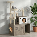 Modern Cat Tree with Hidden Litter Box Cabinet – Multi-Level Cat Condo with Scratching Posts, Perches, Hammock & Basket, Gray