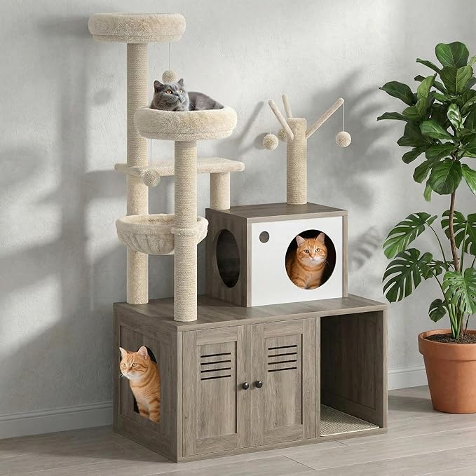 Modern Cat Tree with Hidden Litter Box Cabinet – Multi-Level Cat Condo with Scratching Posts, Perches, Hammock & Basket, Gray