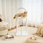 Modern Cat Tree Tower for Indoor Cats up to 12lbs, 34" H Furniture-Style Metal Cat Tower with Scratching Posts, Wood Cat Bed with Soft Plush Cushion Washable, Acrylic Capsule, Soft White