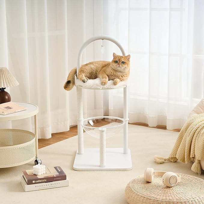 Modern Cat Tree Tower for Indoor Cats up to 12lbs, 34" H Furniture-Style Metal Cat Tower with Scratching Posts, Wood Cat Bed with Soft Plush Cushion Washable, Acrylic Capsule, Soft White