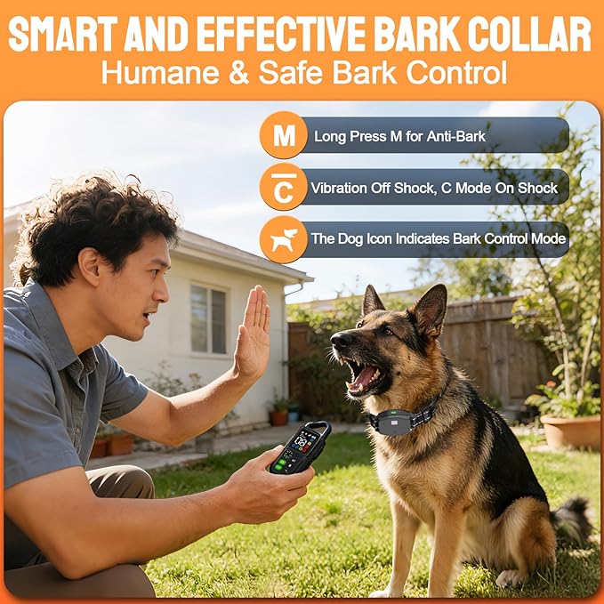 2-in-1 Dog Training Collar & Bark Collar, Safety Lock Remote, Adjustable Beep,Vibration & Shock,990ft Range,IPX7 Waterproof Dog Collar for 3 Dogs,Medium & Large,LED Light,Compass & Carabiner-2 Collars