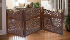 Wooden Foldable Pet Dog Safety Gate - 3 Panel 20" W x 24" H - Hand Carved Mahanadi Free Standing Portable Indoor Puppy Gate - Doorway Hall Stairs Dog Fence - Assembled - Brown - IRONGATE