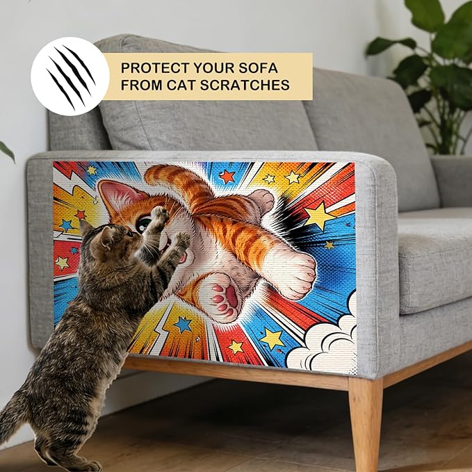 Nuxovilar Cat Wall Scratcher 15.3x23.6 Inches Polyester Synthetic Fiber, Comic Style Kitten Print, wall scratchers for Indoor Cats, cat Scratch pad, Home Decor, Kids Room, Den (2pcs)