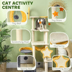 PawHut Cat Tower, 63 Inch Tree for Large Adult Indoor Cats with Scratching Post, Hammock, Condo, Bed, Scratching Board & Toys, Moon and Star Themed Cat Tree Tower, Beige