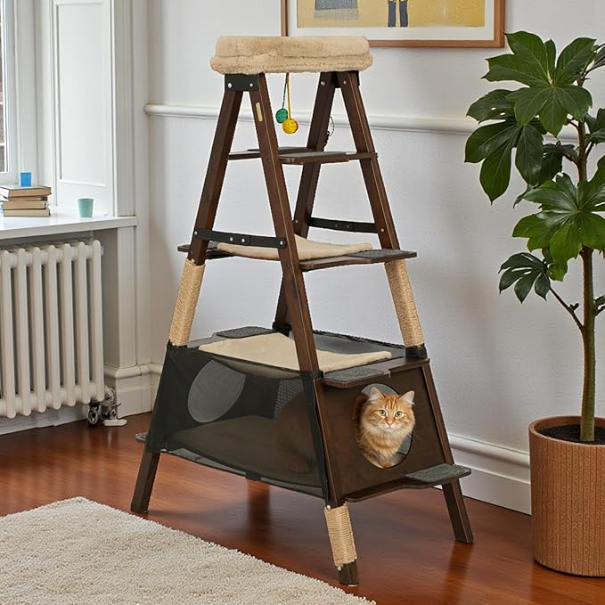 Stakmore Folding Cat Tree, Espresso – Hardwood & Plywood, No Assembly Required, Space-Saving Design
