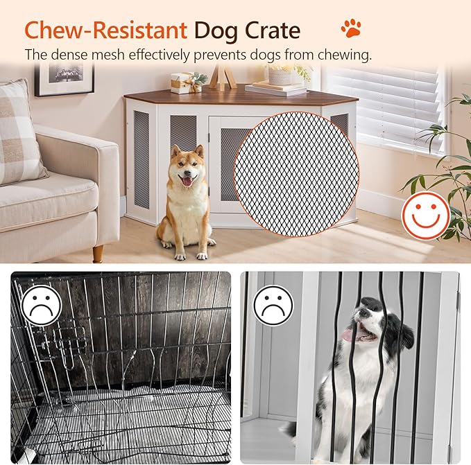 Corner Dog Crate Furniture, Wooden Dog Kennel End Table, Decorative Pet Crate Indoor Use, Furniture Style Dog House for Small Medium Dog, Dog Cage TV Stand, White and Walnut DCBA0801