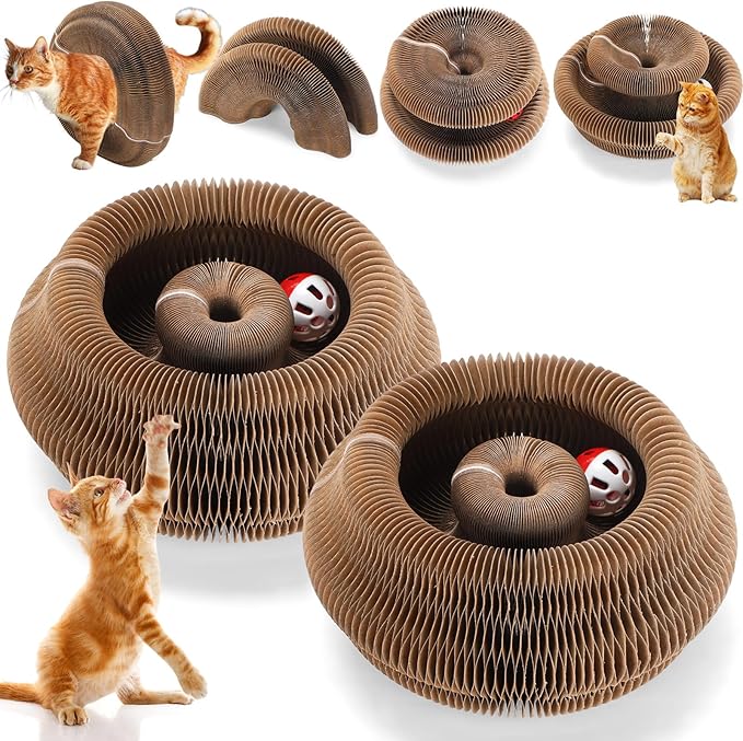 Soulchen 2 Pcs Magic Organ Cat Scratching Board, Combinable Cats Toy for Adult Pets, Interactive Cardboard Kitten Scratcher with Bell Ball, Durable Foldable Accordion Scratch Pad (Cat Paw)