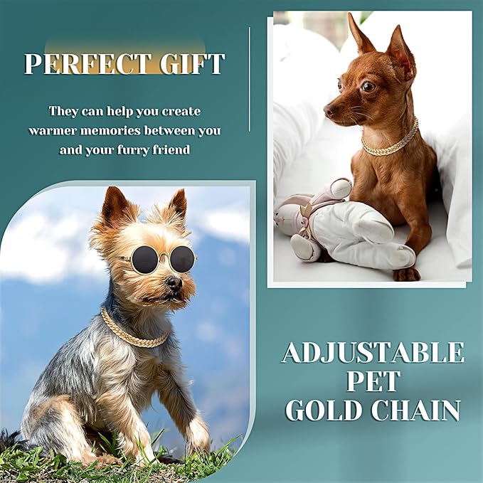 Xuniea 2 Pieces Cat Dog Chain Collar and Sunglasses Set Rhinestone Necklace with Secure Buckle Round Glasses for Doll Cat Dog Pet Accessories(14 Inch,Gold, Black)